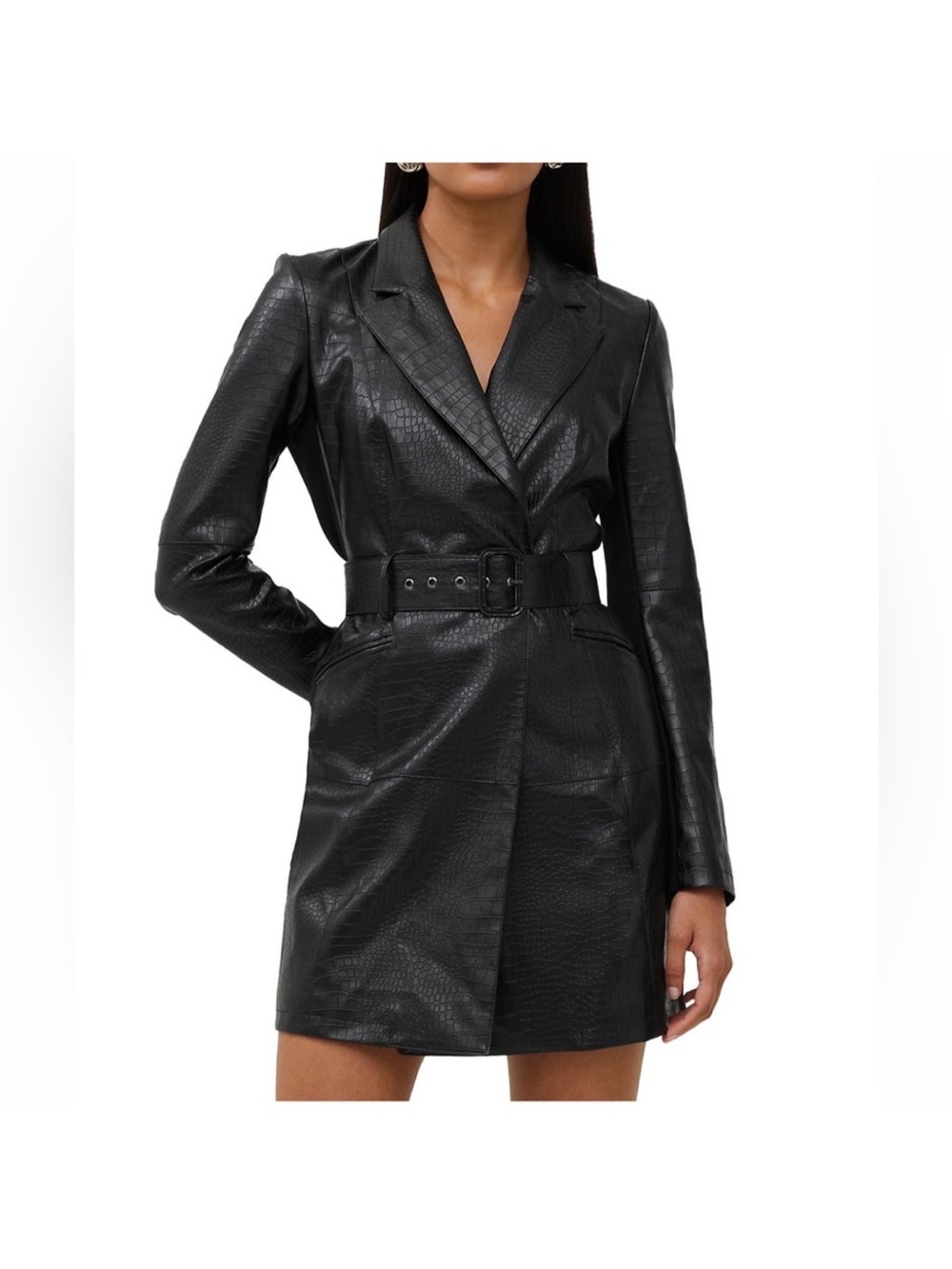 Black Croc Leather Belted Blazer Dress -
